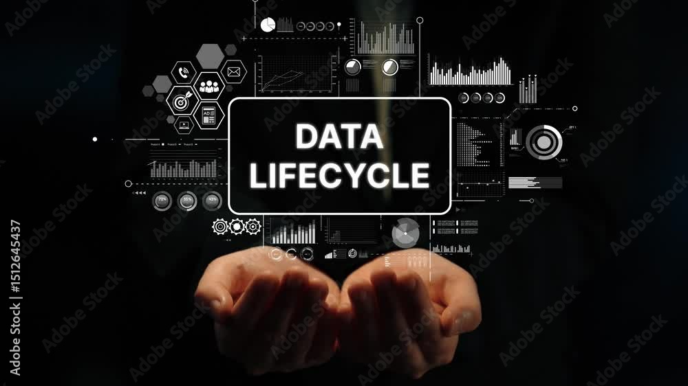 Aufkleber person holding digital display of data lifecycle with modern graphics in a business environment. asy