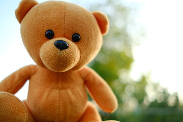 A cuddly teddy bear with a warm orange hue is seated against a backdrop of lush green trees under a clear blue sky The sun casts a gentle glow highlighting its features