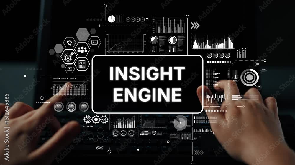 Poster hands typing on laptop with data metrics and insight engine visualization on screen for business ana
