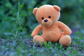 A plush teddy bear with vibrant orange fur is placed on the ground amidst lush green grass and plants enjoying the sunny atmosphere of a peaceful garden