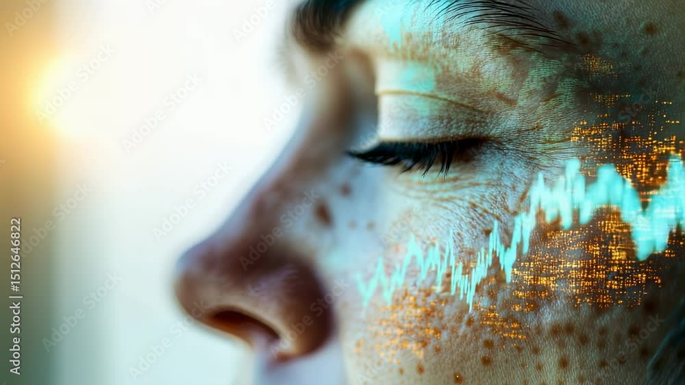 Aufkleber close-up of a persons face with digital overlay of a financial graph, focusing on data analysis and 