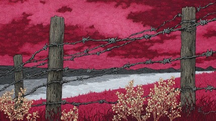 Landscape with barbed wire fence and vibrant sunset over the river in a serene rural setting
