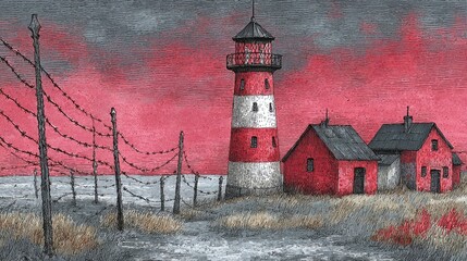 Lighthouse stands by the shore with red sky and dramatic clouds during twilight