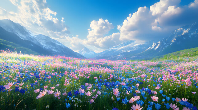 Wonderful fantasy landscape field full of spring with flowers field, beautiful sky, anime style color, digital art painting background. 3D rendering