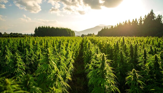 Lush hemp field at sunset