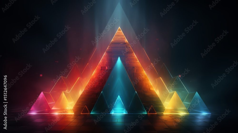 Poster colorful pyramid made of triangles is lit up in the dark. the pyramid is made of different colored b