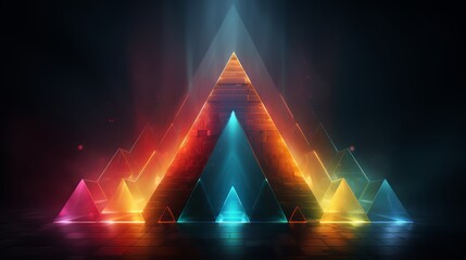 Colorful pyramid made of triangles is lit up in the dark. The pyramid is made of different colored blocks, and the colors are bright and vibrant. The pyramid is lit up with neon lights