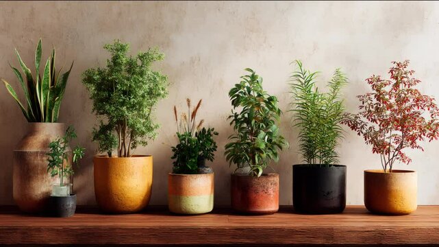 Assortment of potted plants arranged on a wooden shelf against a neutral textured wall background view , zoom in