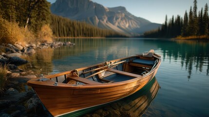 Serene wooden rowboat floating on calm turquoise mountain lake at sunset with evergreen forest and majestic rocky peaks in background, outdoor adventure tourism scene with free copy space