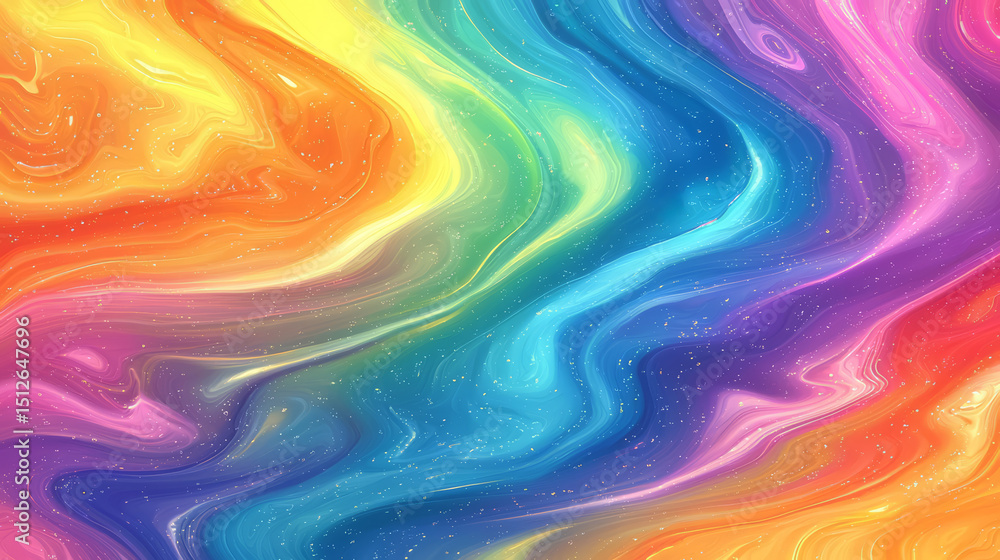 Poster colorful swirl of paint with a rainbow and stars. the colors are bright and vibrant, creating a sens