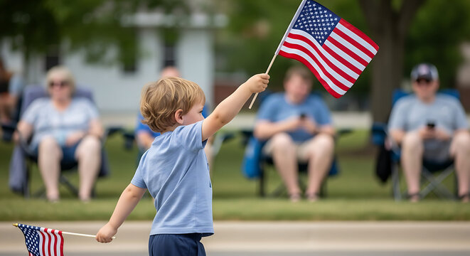 A child happily waves an American flag at a parade.