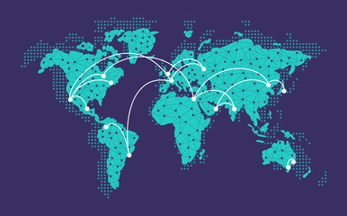 Fototapeta premium Connected Dots World Map with All Continents and Largest Cities, Quantum Big Data for Web, Business, and Infographics, Cloud Network and AI Technology Vector Background