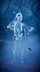 Halloween party. A ghost skeleton dance in a scary gothic cemetery. 