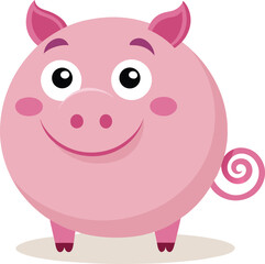 Round pink cartoon pig with curly tail, standing happily