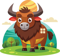 Strong cartoon buffalo with large horns and a friendly face, standing in village field – flat colorful vector