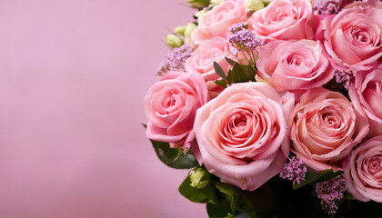 Obraz premium bouquet of pink roses and flowers panoramic background