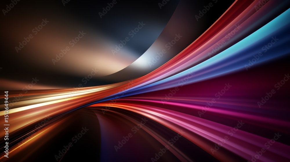 Poster Colorful, abstract image of a train with a long, curved line. The train appears to be moving through a tunnel, with the tunnel being the main focus of the image. The colors of the train