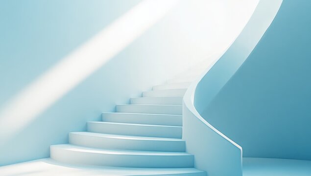 Light-filled, pale blue, curved staircase