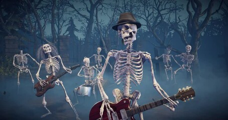 Halloween party: spooky music band playing rock in scary gothic cemetery. Funny skeletons dancing, playing guitars and drums.
Animated video for greeting cards, invitations, posters, events, parties.