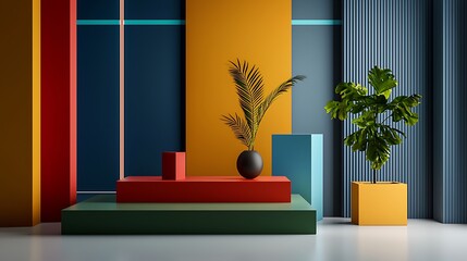 Colorful Minimalist Interior with Plants and Geometric Shapes
