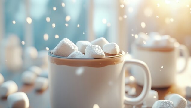 Fluffy marshmallows in a mug,  winter scene.  Soft light,  falling snow