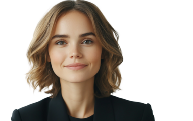 Professional female model attentively attending video conference with focused expression isolated on transparent background PNG