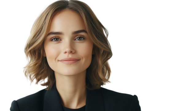 Professional female model attentively attending video conference with focused expression isolated on transparent background PNG