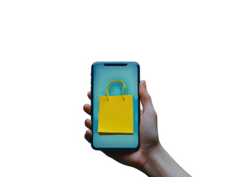 Online Shopping Experience: A hand holds a smartphone displaying a small yellow shopping bag, symbolizing the convenience and ease of online shopping.