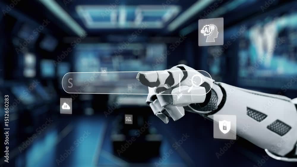 Poster a futuristic robotic hand reaches out towards a digital interface filled with technology icons. this