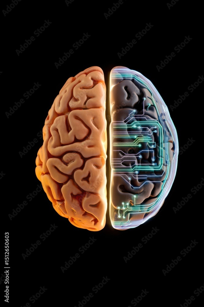 Poster this captivating visual juxtaposes a vibrant human brain with intricate circuitry representing the h
