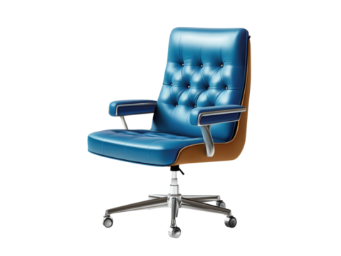 Elegant Teal Office Chair: A luxurious teal office chair, an emblem of sophistication and comfort. The chair features a tufted backrest, polished armrests, and a gleaming silver base.