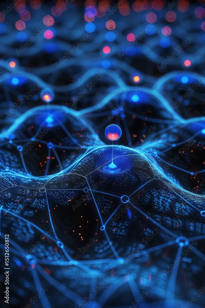 Poster in a vibrant digital realm countless connections span across a complex network symbolizing data exch