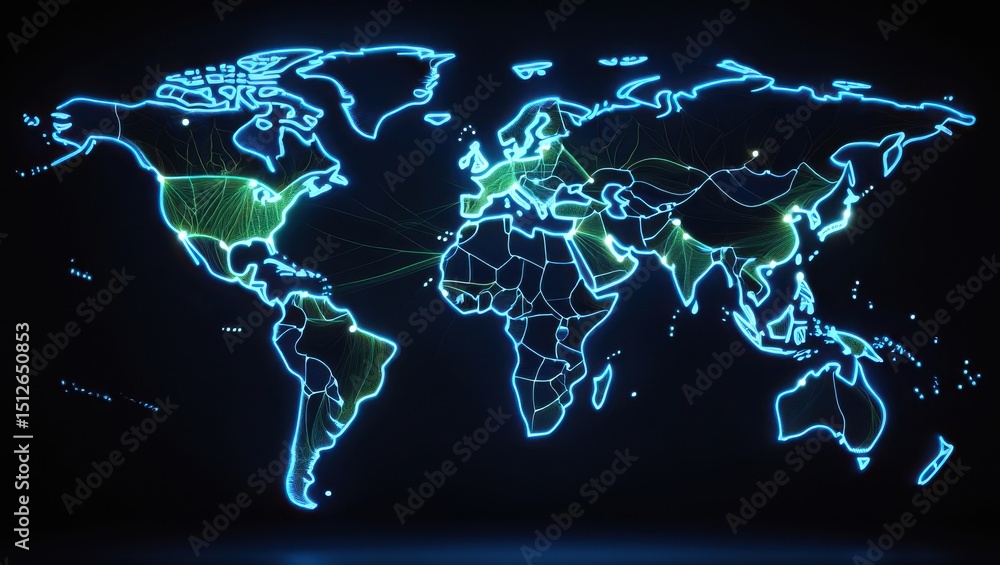 Poster a striking digital depiction showcases a world map where glowing neon lines connect major cities sym
