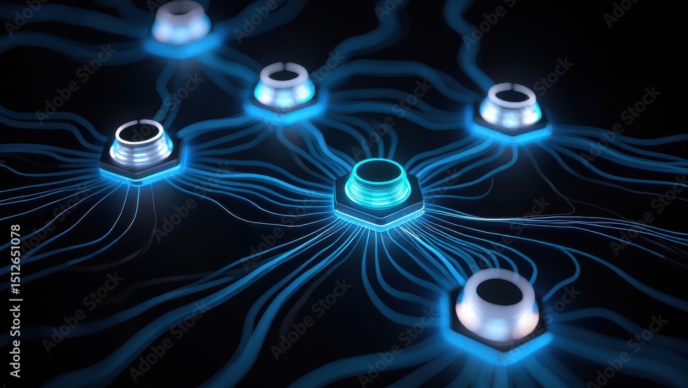 Poster vibrant neon pathways intertwine and radiate from central hubs showcasing a dynamic digital network 