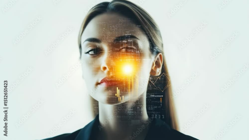 Poster woman with digital overlay futuristic portrait with data visualization and glowing light effect