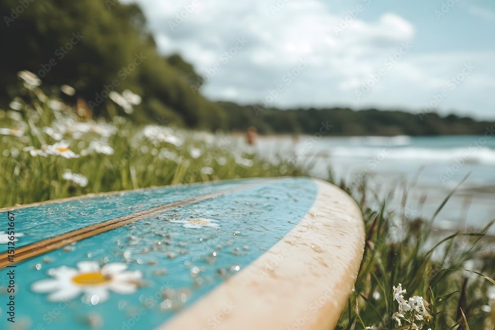 Poster surfboard on grass near the beach with ocean view generative ai