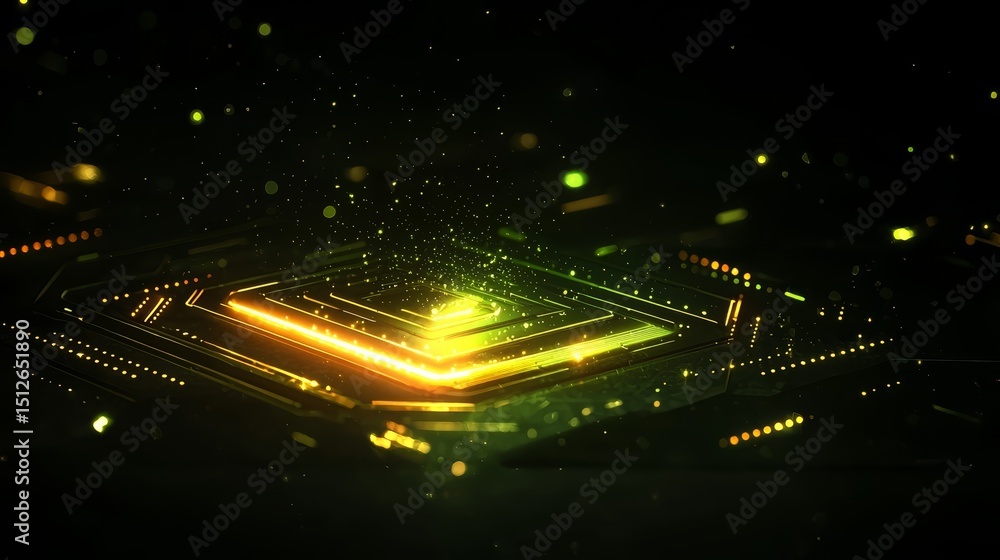 Poster computer chip with a green light on it. the light is surrounded by a lot of small dots