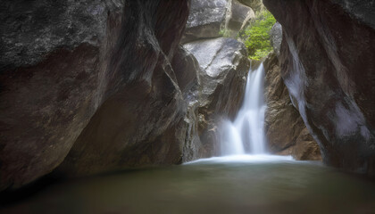 A small waterfall with milky white water falls into a natural pool surrounded by the rocky walls of the gorge.