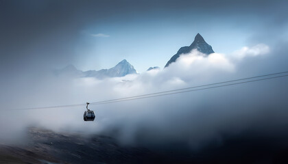The cable car with a cabin moves above the clouds, partially hiding the mountain peaks