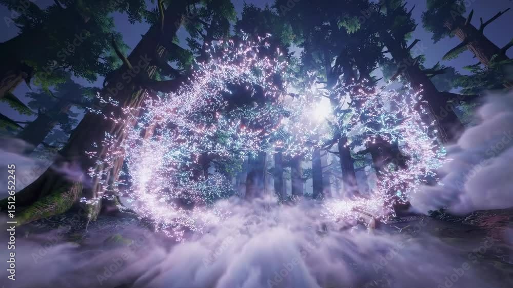 Poster enchanted forest scene with ethereal lighting and mist, captured from a low-angle, creating a magica