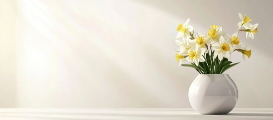 Daffodils in a vase, sunlit room