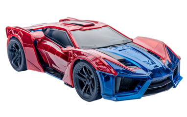 Brightly colored remote control car in red and blue with detailed features isolated on transparent background PNG