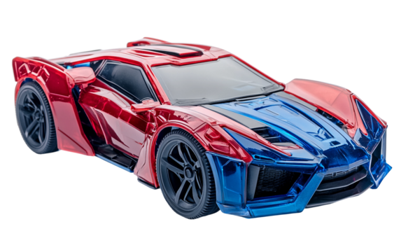 Brightly colored remote control car in red and blue with detailed features isolated on transparent background PNG