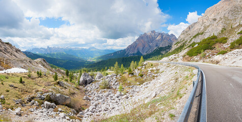 Valparola pass road in the Dolomites, South Tyrolean alpine landscape