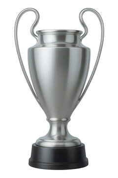 Render 3D de un trofeo de f&uacute;tbol inspirado en el dise&ntilde;o de la Champions League en estilo Blender con acabado plateado y asas ic&oacute;nicas, imagen aislada sobre fondo transparente para visuales deportivos