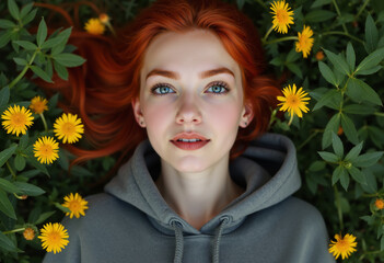 A portrait of a young woman lying in a meadow surrounded by flowers.