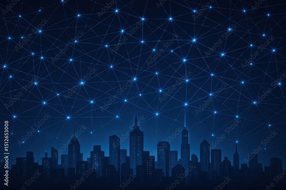 Poster abstract smart city concept with glowing blue network connections and data points on a dark backgrou