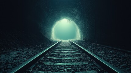 Dark railway tunnel with light glowing at the end
