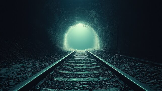 Fototapeta Dark railway tunnel with light glowing at the end