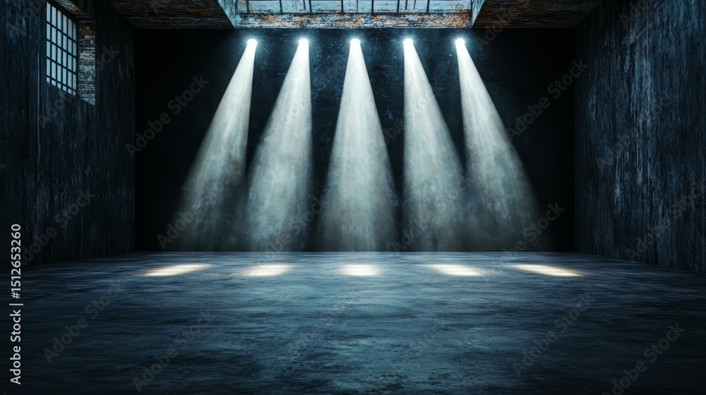 Aufkleber Dimly lit room with five spotlights illuminating the floor. The room is empty and the lights are on, creating a stark and eerie atmosphere